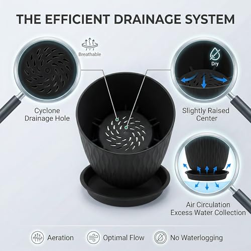 Image of Eightiz (Pack of 5 6 Inch Plastic Flower Pots for Indoor & Outdoor Terrace,Garden Plants Decorative Planters with Drainage Holes & Matching Saucers Durable & Lightweight (Black)
