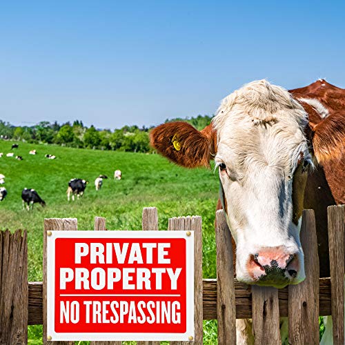 Private Property No Trespassing Sign - Red And White, Flexible Plastic, 9 X 12 Inches, High Visibility Waterproof Signboard Tags For Warning Security Alert (Pack Of 4) - By Hespex #TOP3