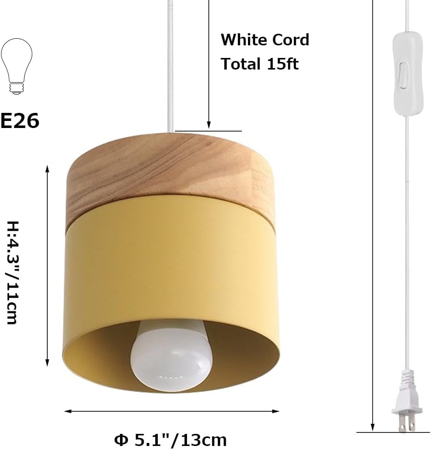 Motion Sensor Hanging Swag Lamp no Wiring Needed Portable Rubber Wood Pendant Light with 15ft Plug-in UL Button White Cord Macaron Yellow Lamp Iron Stoving Varnish Finished Lampshade,Customizable