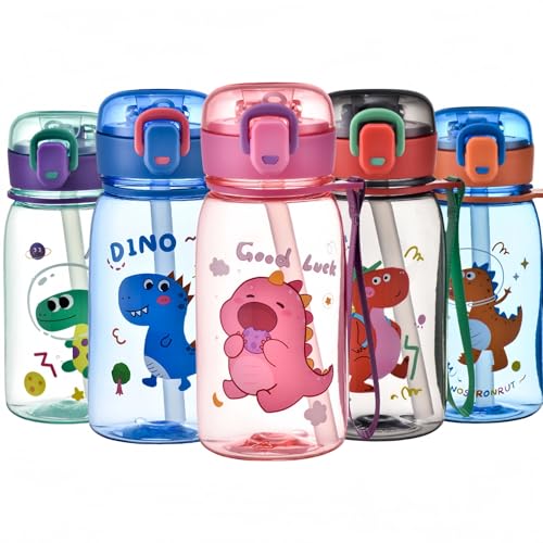 MHwan Botella Agua Niños, 400ml Robusta e Irrompible, Botella con Pajita Niños, Sin BPA, Portátil Dinosaurio adorable Cantimplora Infantil Adecuada para Viajes Escolares