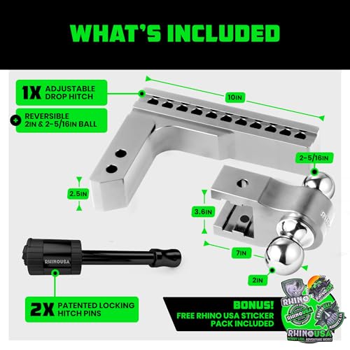 Image of Rhino USA Adjustable Trailer Hitch (Fits 2.5-Inch Receiver) Heavy Duty Aluminum Tow Hitches with 10-Inch Drop /Rise for Truck (18,500 LBS GTW) Weatherproof Double Anti-Theft Locking Hitch Pins (Silver)