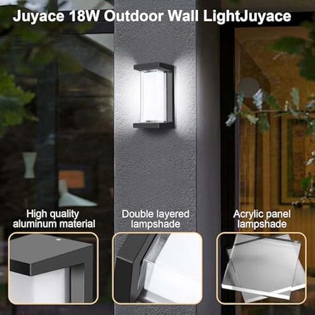 Juyace 18w Outdoor Porch Lights Exterior Lighting Fixtures Wall Mount Rectangular Modern Patio Sconces 1800Lm 6000k Aluminum Black IP65 for Garage House Front Door Entryway (2 Pack)