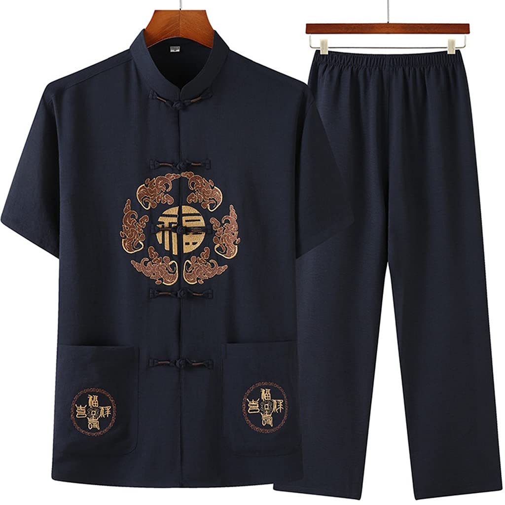 Uniformi Uni Kung Fu Tang Abiti Abiti Tradizionali Cinesi Abbigliamento Taichi Misto Cotone Set di Arti Marziali Manica Corta Traspirante Mattina Abbigliamento da Allenamento Women-M (Men XL)