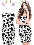 Halloween Cow Costume Women Spaghetti Strap Bodycon Pencil Cow Print Dress and Headband for Party Cosplay(XX-large)