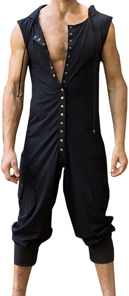 Men's Button Sleeveless Hoodie Jumpsuit Summer Casual Romper Overalls,Black,Large