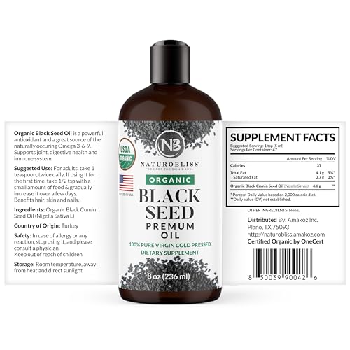 NaturoBliss Organic Black Seed Oil 100 Virgin Cold Pressed Omega 3 6 9 Super Antioxidant for Immune Support, Joints, Mobility, Digestion, Hair Skin Vegan, Gluten-Free, Non-GMO USDA Certified 8oz