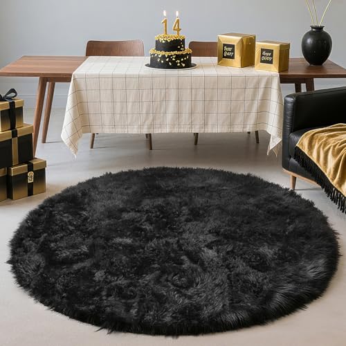 Black Fluffy Round Area Rugs for Bedroom,3'X3'Shag Circle Area Rugs for Living Room,Non Slip Fuzzy Plush Rug for Kids Room Boys Girls Room and Dorm Home Decor Rug