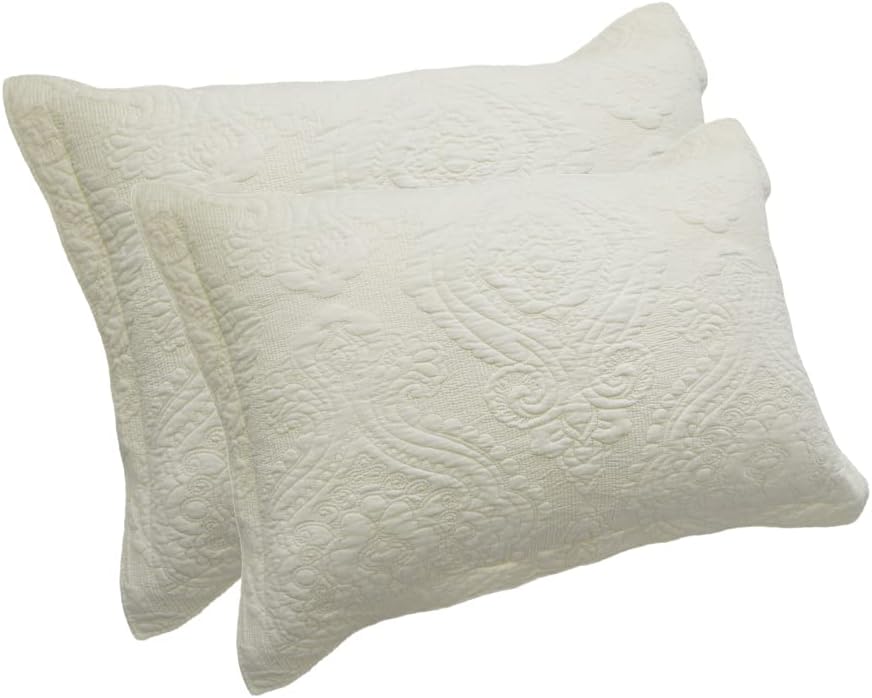 100% Cotton Quilted Pillow Shams Set of 2,Vintage Farmhouse Geometric Embroidered Decorative Pillow Covers for Full Queen Size Bed (Beige Geometric,20"x27")