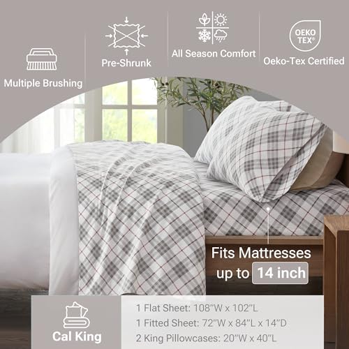 True North by Sleep Philosophy Cozy Flannel Warm 100% Cotton Sheet - Novelty Print Animals Stars Cute Ultra Soft Cold Weather Bedding Set, Cal King, Red Plaid 4 Piece