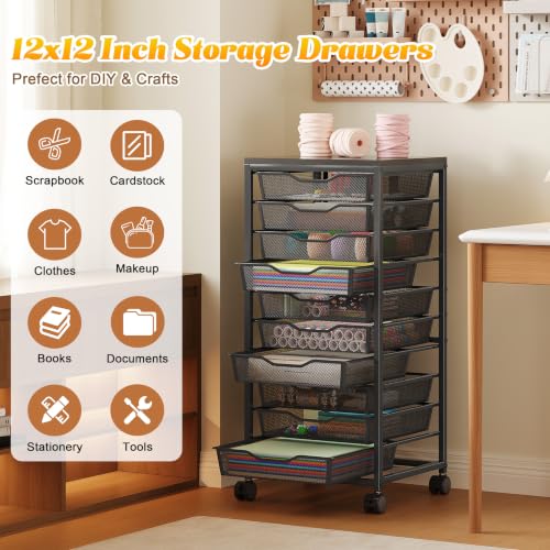 Image of 10-Drawer Rolling Storage Cart, Craft Organizers and Storage, Black | 12x12 Inch Storage Drawers for Scrapbook Paper,Classroom,Craft,Bathroom,Teacher,Office,Art,Metal Organizer Cart with wheels