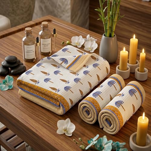 Image of Mafatlal Madhuban Waffle Cotton Set (1 Bath 147x76 cm + 2 Hand 76x38 cm) | 250 GSM | Lightweight, Quick Dry & Hand Printed | Almond Color