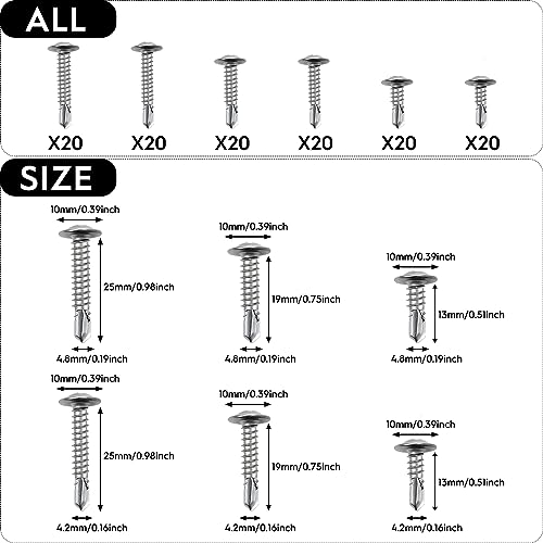 120pcs M4.2 M4.8 Self Tapping Flat Head Screws 410 Stainless Steel Self Tapping Flat Head Screws Full Thread Dovetail Self Drilling Tail Screws(silver) - Image 2