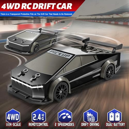 Image of VikriDA 1:24 Scale RC Drift Car - 4WD High-Speed RC Racing Car with LED Lights, 2.4GHz Controller, One Rechargeable Batteries & Drifting Tires - Black