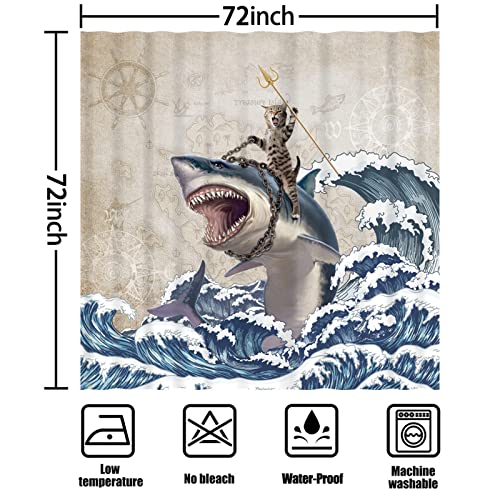 Leitingya Funny Cat Shower Curtain, Cool Cat Riding Shark Shower Curtain, Japanese Ocean Wave Nautical Anchor Shower Curtains For Bathroom, Waterproof Shower Curtain Set 12 Hooks Included -72X72 Inch #TOP3
