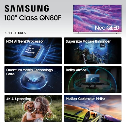 Image of Samsung 100-Inch Class Neo QLED QN80F 4K Mini LED Smart TV (2025 Model) NQ4 AI Gen2 Processor, Quantum Matrix Technology Core, 4K AI Upscaling, Dolby Atmos, Samsung Vision AI, Alexa Built-in