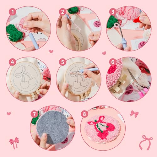 Image of WATINC Bow Tie Punch Needle Coaster Kit - 22Pcs Easy Art Work Decor Craft Supply for Beginners, DIY Set of 6 Pink Bow Tie Tufted Rug Pads with Adhesive Felt Yarns Embroidery Hoop Tools Instruction