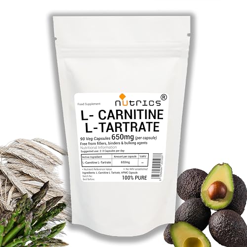 Nutrics® 650mg (per Capsule) L CARNITINE L Tartrate 90 V Capsules - Highly Bioavailable 100% Pure No fillers, Binders or Bulking Agents - Vegetarian (90 V Capsules)