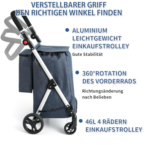LEUYA ABC Einkaufstrolley, 46L Trolly Einkaufswagen Klappbar, 4 Rädern Aluminium Leichtgewicht Einkaufstrolley, mit Isolierter Kühltasche, Stabil und Leicht zu Verstauen Einkaufswagen (Blau) – Bild 3