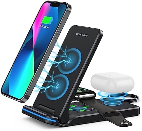 Wireless Charger, 3 in 1 Fast Charging Station, Folding Travel Wireless Charger Stand for iPhone 14,13,12,11/Pro/Max/Plus, X,XR, XS/Max,SE, 8/Plus,Apple Watch 1-8,Airpods 3/2/Pro(No Adapter, Black)