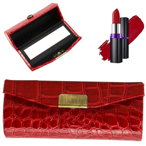 Image of YINSHIU Lipstick Holder Case with Mirror, PU Red Crocodile Pattern Leather, Double Lipstick Organiser for Handbag, Travel Size Beauty Case