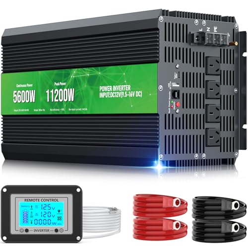 Image of 5600W Power Inverter,Peak Power 11200W 12V DC to AC 110120V,Remote Control with 4AC Outlets and3.1USB Port,LCDDisplay