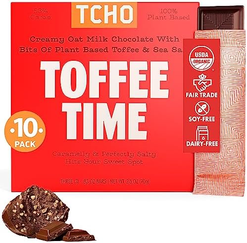 TCHO Toffee Time 53% Oat Milk Chocolate Bars (10 pack) | Plant Based, Organic & Fair Trade, | Non GMO, Non-Dairy, Vegan, Soy Free (2.5oz each)