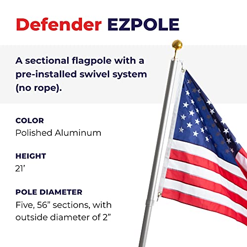 Ezpole Defender Sectional Flagpole - 21’ With 3’X5’ Sewn Nylon American Flag - Includes All Hardware Needed To Fly Two Flags - Easy To Set Up #TOP2