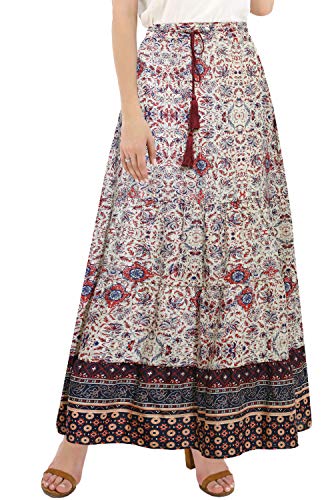 BENANCY Women's Boho Print Elastic Waist Tie-Up A Line Maxi Skirt with Pockets Whiter Red XL