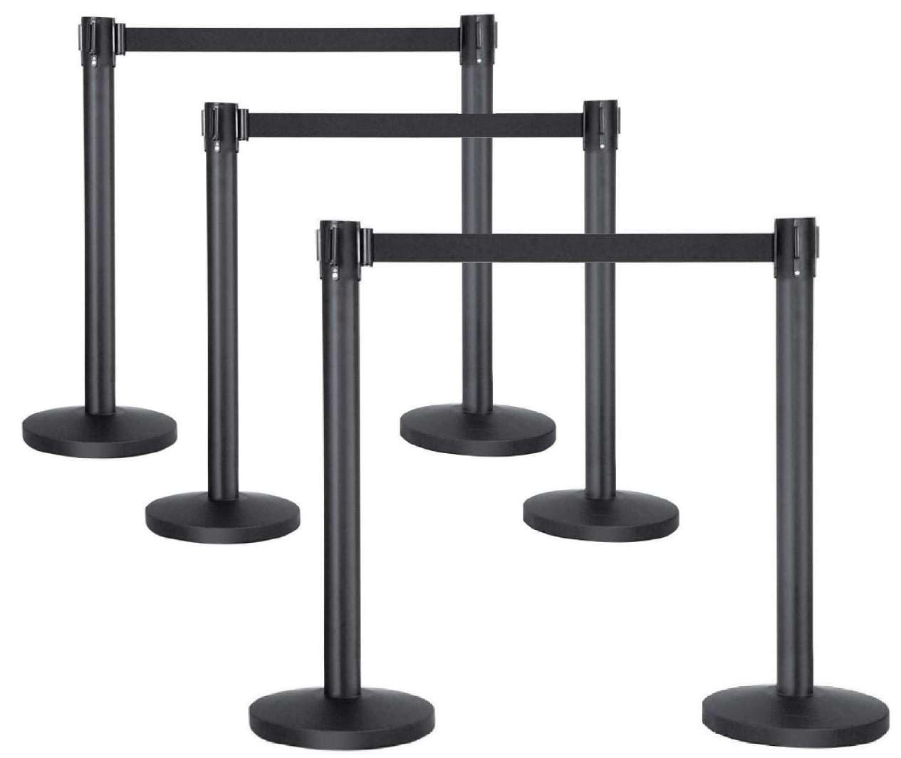 6 Stück TEGO PRO Absperrständer mit je 2 m x 48 mm einziehbarem Gurtband schwarz, Personenleitsystem Absperrband, Abgrenzungspfosten, Absperrpfosten für Flughäfen, Ausstellungen/Messen, Hotel usw.