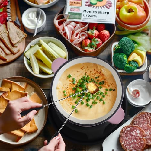Artestia Cast Iron Cheese Fondue Pot Set for Chocolate Fondue Pot Camping Fondue Set with 6 Fondue Forks, 11-Piece Cheese Fondue Set Serve 6 Persons (Pink) - Thumbnail 6