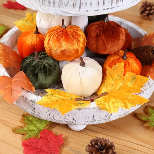 Image of Super Holiday 15PCS Fall Artificial Velvet Pumpkins Decor, 5 Colors Foam Faux Fall Pumpkins Decorations, for Home Autumn Harvest Halloween Thanksgiving Party Table Centerpiece Decor.