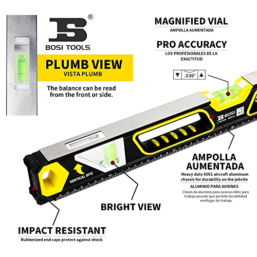 B Bosi Tools - Professional Box Sight Window Level - 24" - With 45° Vial And Ruler - For Leveling, Measuring, Marking And Cutting - Features 3 Vials, Precision Ruler And Wall Handle #TOP1