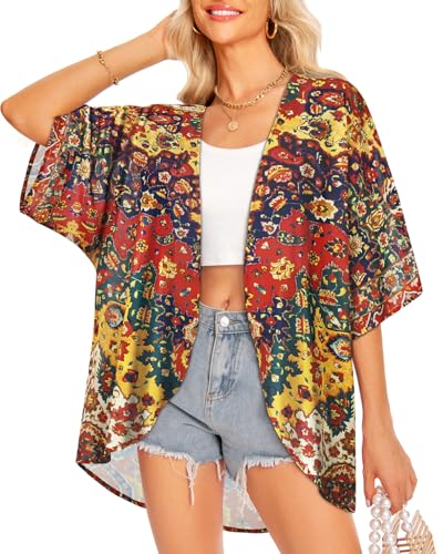 Image of Women Kimono Cardigans Casual Summer Tops Cover up Open Front Floral Print Resort Wear 2026