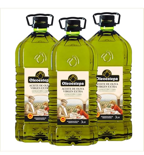 Oleoestepa - Aceite de Oliva Virgen Extra 3L – Pack 3x3L – DOP Estepa – Extracción en Frío – Variedades de la Comarca– Producción Sostenible –Frituras, Guisos, Sopas Frías y Escabeches.