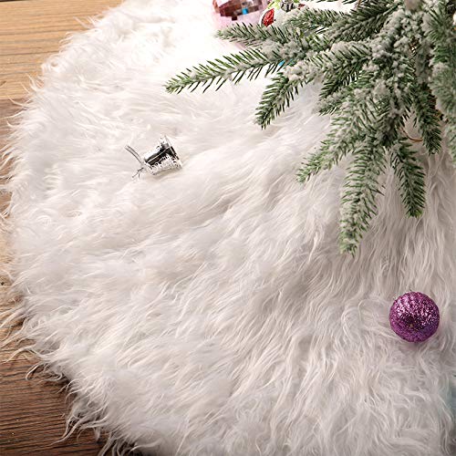 Blovec 30Inch Fur Christmas Tree Skirt White Plush Faux Fur Xmastree Skirt Ornaments Snowman Santa Reindeer Decoration For Home New Year Party #TOP20