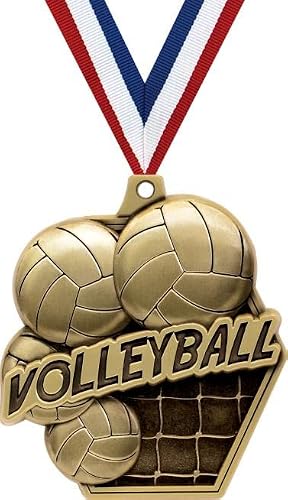 2.25" Volleyball Award Medals, Gold Masters Volleyball Team Trophy Awards Includes Free Neck Ribbon 5 Pack