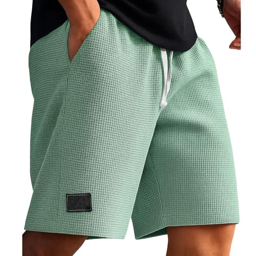 Image of Shorts Men Smart Casual Waffle Shorts Elastic Waist Drawstring Half Pants Solid Colour Designer Bottoms with Pockets Loose Fit Breathable Short Trousers Summer Fashion Loungewear