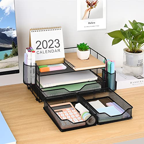Gianotter Desk Organizers And Accessories, Office Supplies Desktop Organizer With Drawers And 2 Pen Holder, Desk Accessories & Workspace Organizers (Black) #TOP2