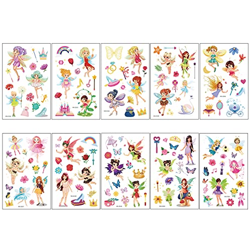Topfunny Glitter Temporary Tattoos For Kids, Lovely Fairy Tale Magic Fake Tattoo Girls Birthday Party Supplies (10 Sheets) Cute Waterproof Art Wings Stickers Decoration Gifts Favors Sparkly Princess #TOP3