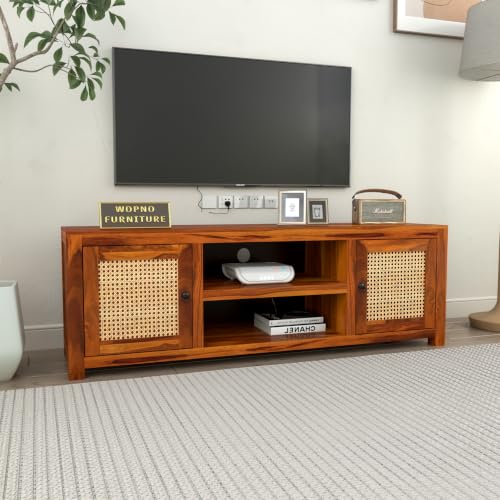 Image of Solid Sheesham Wood Entertainment TV Unit with 2 Door | Rosewood Tv Stand /TV Cabinet for Living Room | Bedroom | Wooden TV Panel with Shelf Stoarge | TV Table