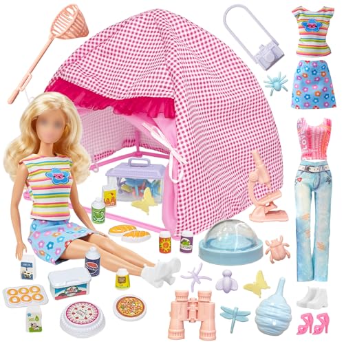 35 Pcs Doll Clothes Travel Camping Tent Compatible with Barbie 1 Tent 4 Clothes 12 Picnic Food Toy Set 15 Outdoor Accessories 2 Shoes for 11.5 Inch Doll Girls Gift