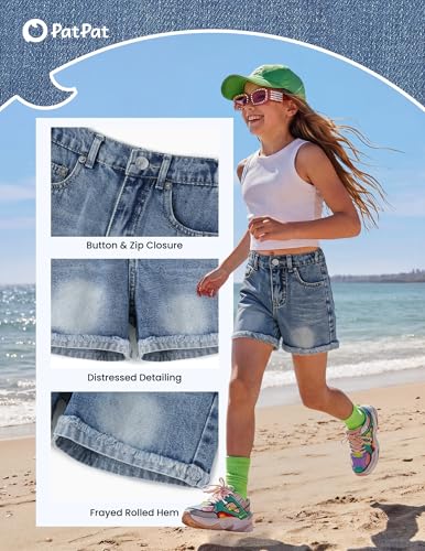 PATPAT Girls Jean Shorts 5-14Y, Cute Mid Waist Straight Leg Denim Shorts with Elastic Waistband & Frayed Cuffed Hem Blue 7-8Y — view 4
