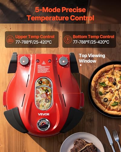 Image of VEVOR Pizza Oven, 12 in Electric Pizza Maker, 1200W Countertop Cooker with Cordierite Stone, 5-Level Dual Temp Control Knob, Max 788 ˚F Home Pizza Maker, Viewing Window & Thermometer, (Red)