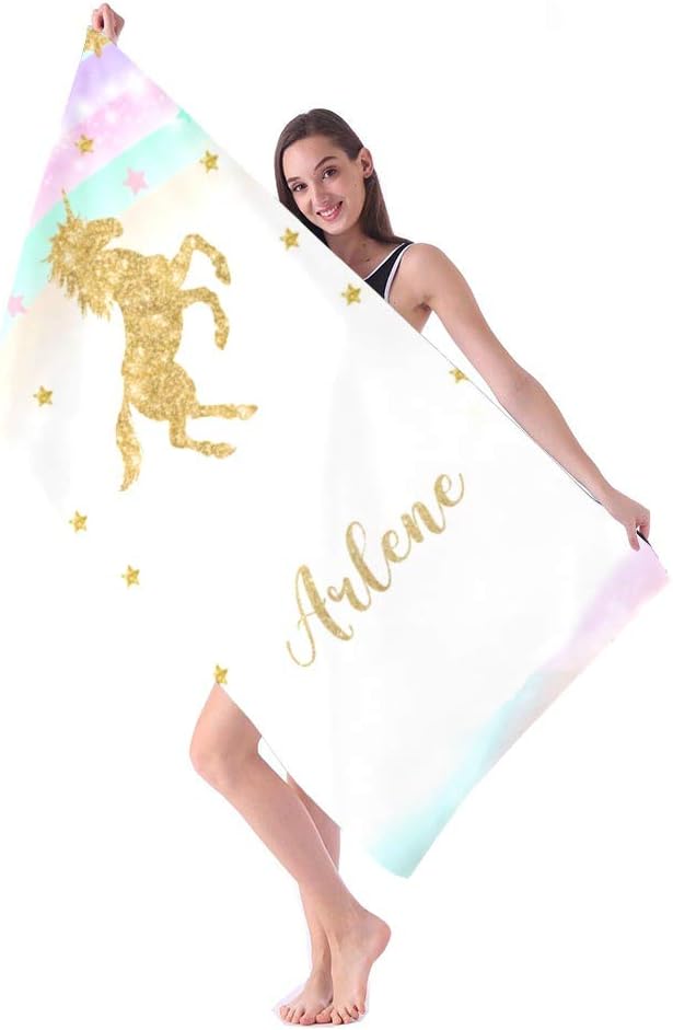 Unicorn Rainbow Stars Personalized Beach Towels with Name for Adults Kids Girls Boys Women Men,Custom Microfiber Towels for Travel,Beach,Bathroom,Pool,60X30 Inches