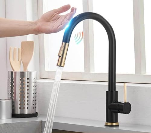 HADECOLL Touchless Kitchen Faucet With 360° Swivel Pullown Sprayer High Arc Stainless Steel Sensor Mixer Tap 2 Funct Brusheel & H Modernesign For Effortless Use,Black Gold-One Size