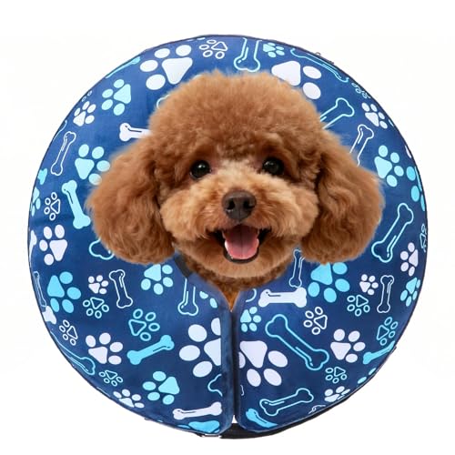 Image of SCENEREAL Dog Cone Alternative After Surgery Donut Collar, Soft Pet Recovery Pillow Collar for Medium Large Dogs, Inflatable Adjustable Neck Collars to Prevent Licking, Blue Footprints S