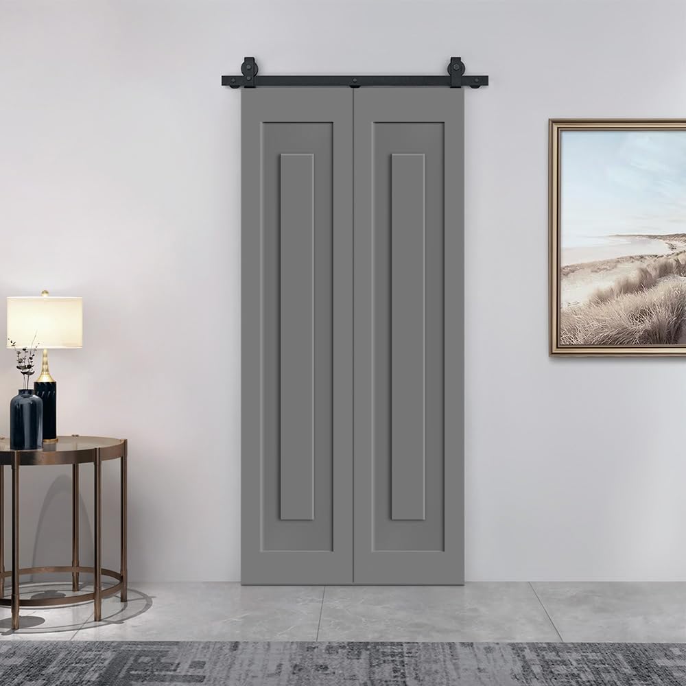 24 in. x 80 in. 1 Panel Shaker Hollow Core Light Gray Composite Bi-Fold Door with Sliding Barn Door Hardware Kit
