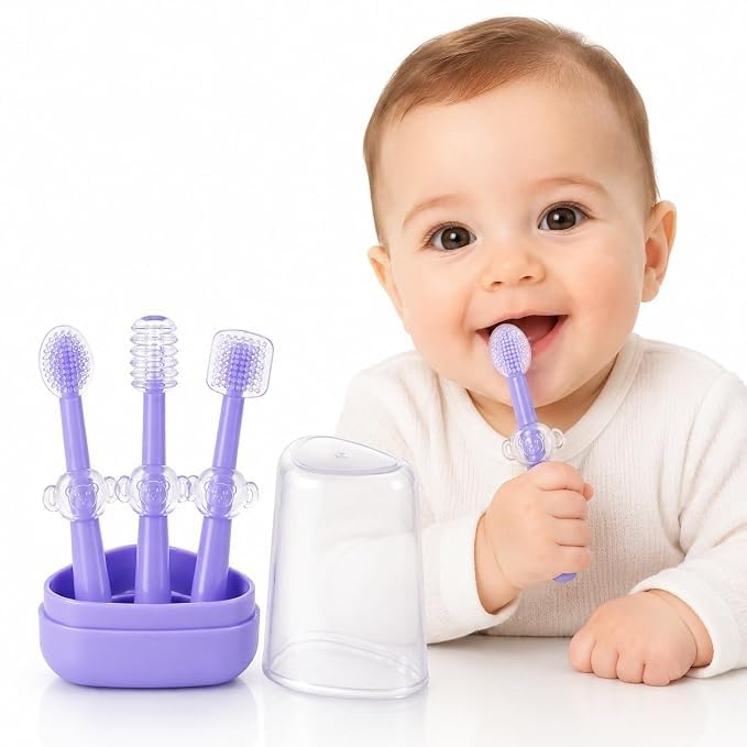 3-in-1 Toothbrush For Baby Oral Care Set | Soft Silicone Toothbrushes for Teeth, Tongue and Gums with Holder & Travel Cover-picture-20