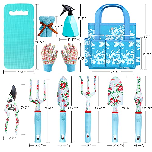 Jumphigh Floral Garden Tools Set, 11 Pcs Heavy Duty Gardening Tools Includes Hand Trowel Rake Weeder Pruner Sprayer, Gardening Gifts For Women, Garden Kit With Storage Tote Bag And Garden Gloves #TOP6
