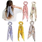 Aksod Ribbon Hair Scrunchies Printed Flower Boho Long Headband Ponytail Holders Floral Scarf Scrunch